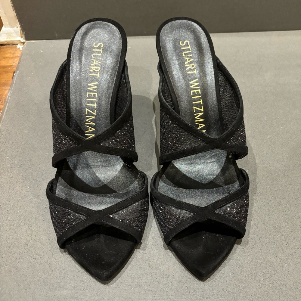Stuart Weitzman Noche Glitter Mesh Mule Sandals